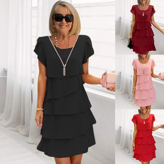 Short Sleeve Cake Dress Solid Color Round Neck Dress